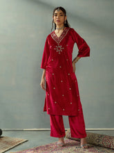 Women Red Velvet V-Neck Embroidered Kurta-SHKUR00439